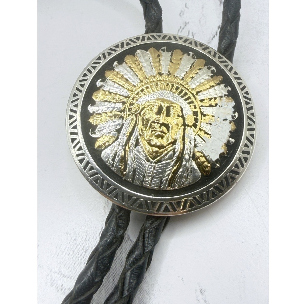 Chief  in Headress Bolo Tie Silver Gold Medallion 38 Inch Black Braided Cord